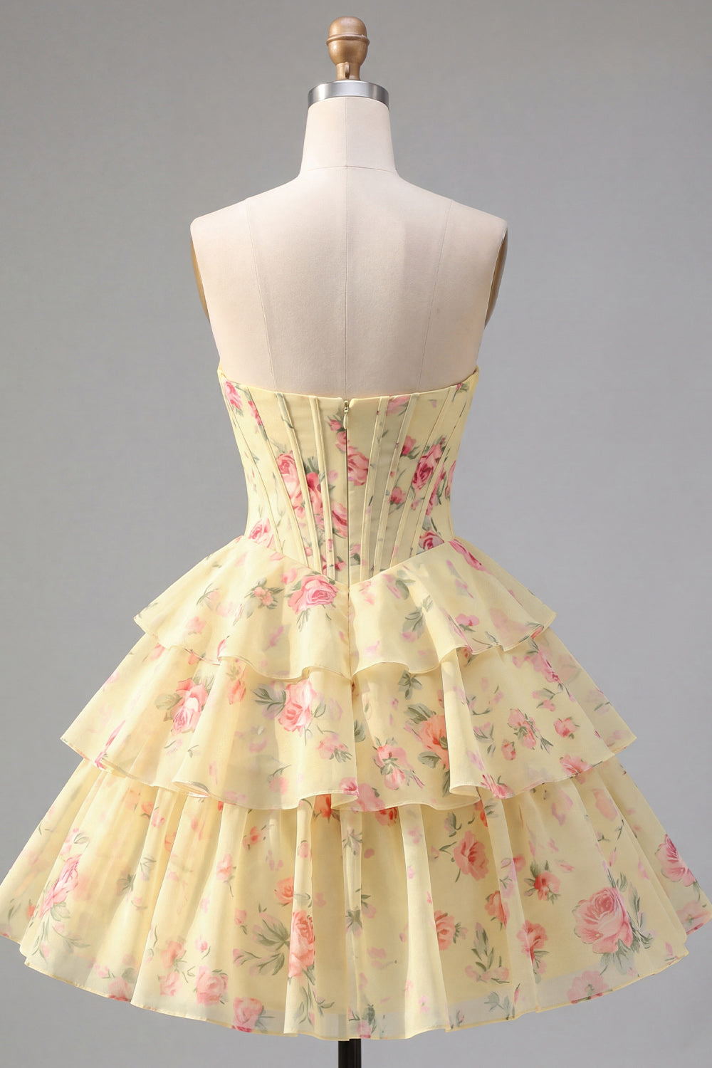 A-Line Yellow Strapless Corset Floral Tiered Homecoming Dress