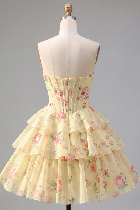 A-Line Yellow Strapless Corset Floral Tiered Homecoming Dress