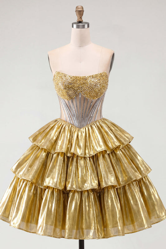 Golden A-Line Strapless Sheer Corset Tiered Homecoming Dress with Beading