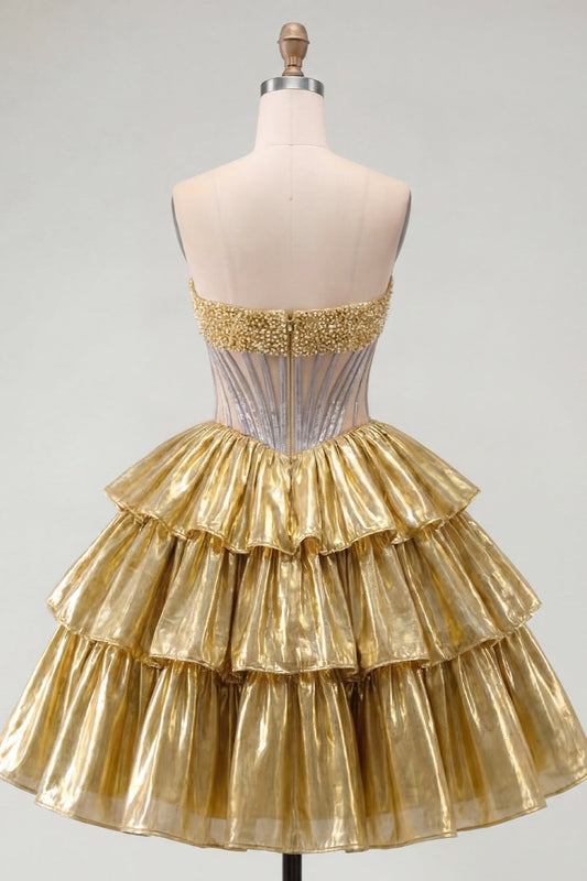 Golden A-Line Strapless Sheer Corset Tiered Homecoming Dress with Beading