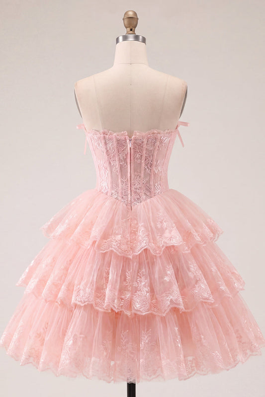 Tulle A-Line Blush Strapless Floral Corset Tiered Homecoming Dress