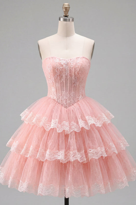 Pink A-Line Sweetheart Tulle Floral Corset Tiered Homecoming Dress