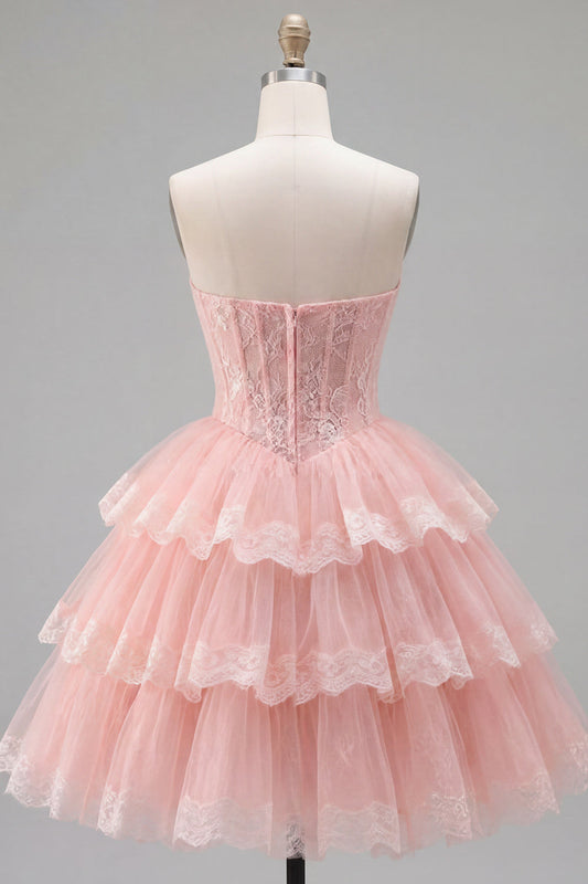 Pink A-Line Sweetheart Tulle Floral Corset Tiered Homecoming Dress