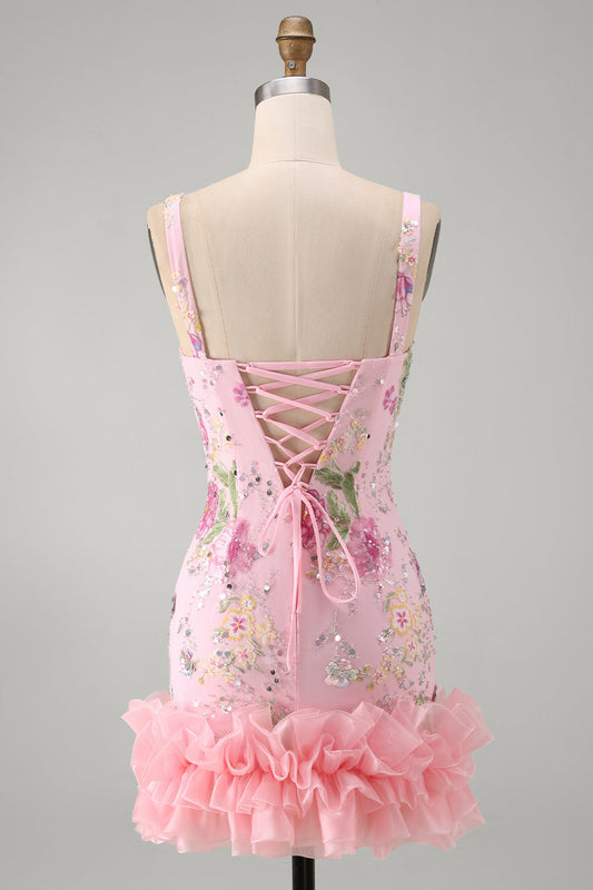 Pink Square Neck Bodycon Floral Sequin Homecoming Dress with Ruffles