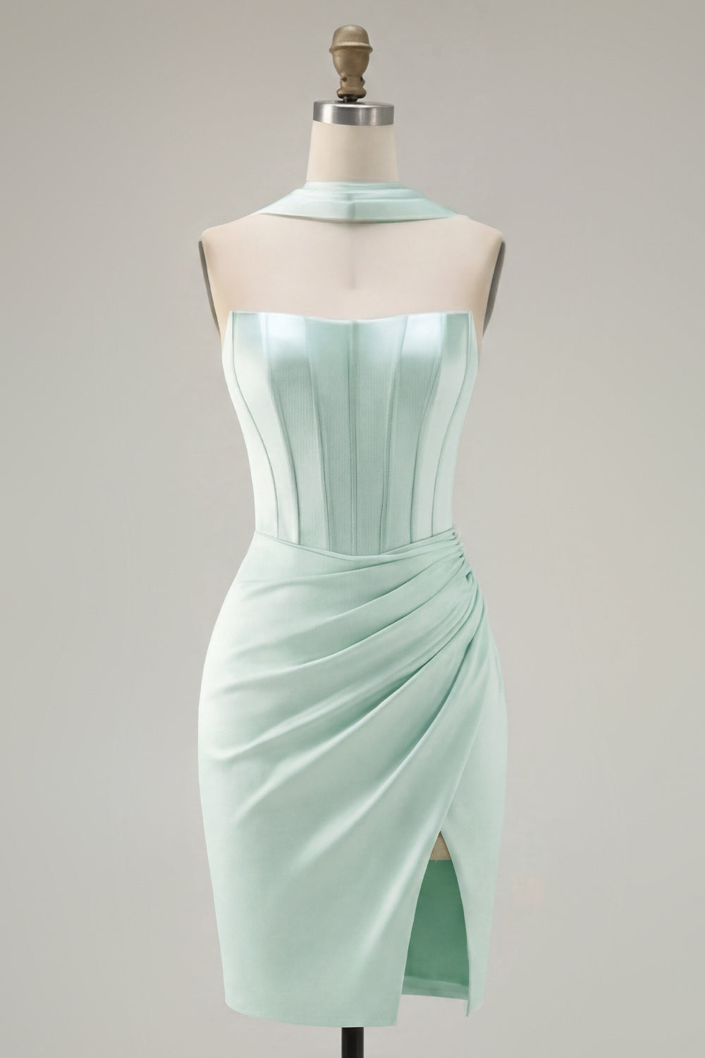 Robe de cocktail corset bustier moulante menthe avec fente