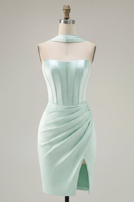 Robe de cocktail corset bustier moulante menthe avec fente