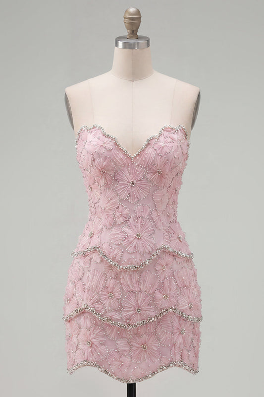 Sweetheart Pink Beaded Bodycon Homecoming Dress