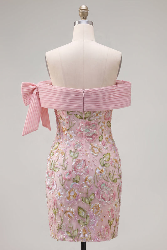 Off-the-Shoulder Pink Floral Sequin Bodycon Homecoming Dress