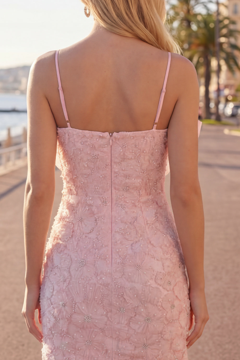 Pink Bodycon Spaghetti Straps Beaded Floral Homecoming Dress with Bow