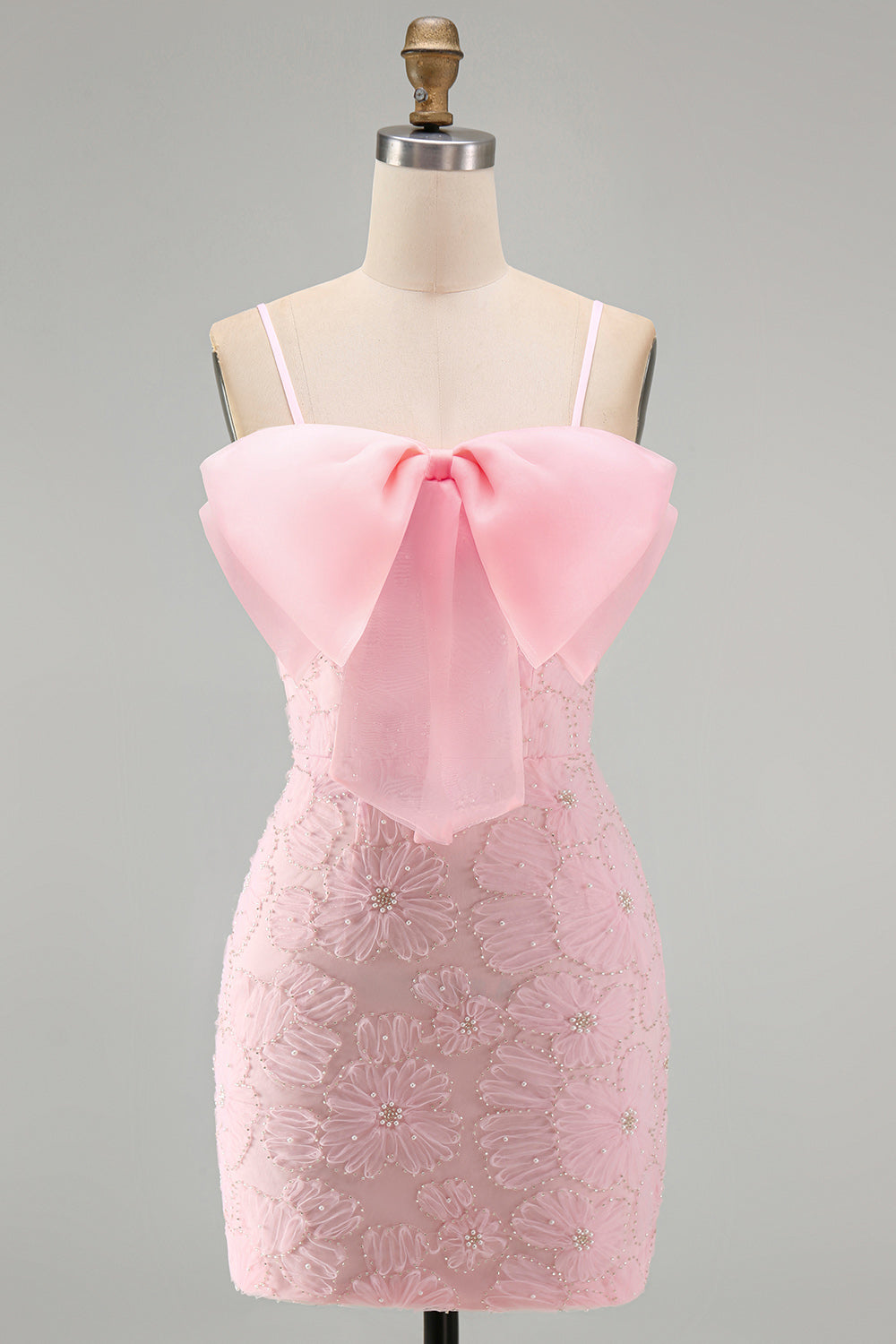 Pink Bodycon Spaghetti Straps Beaded Floral Homecoming Dress with Bow