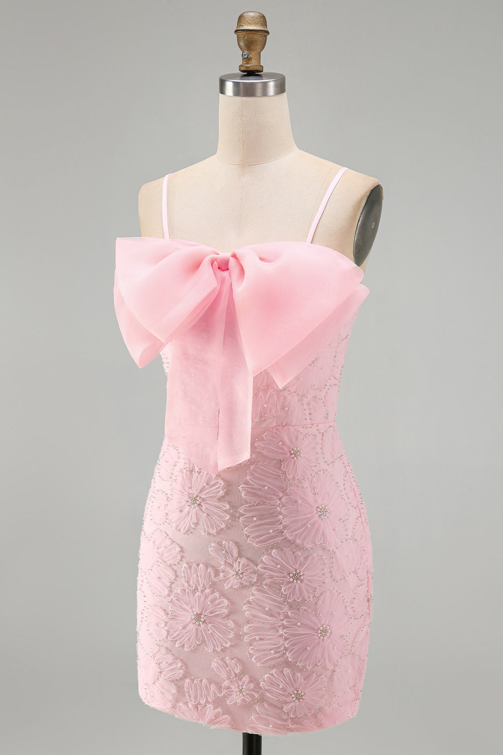 Pink Bodycon Spaghetti Straps Beaded Floral Homecoming Dress with Bow