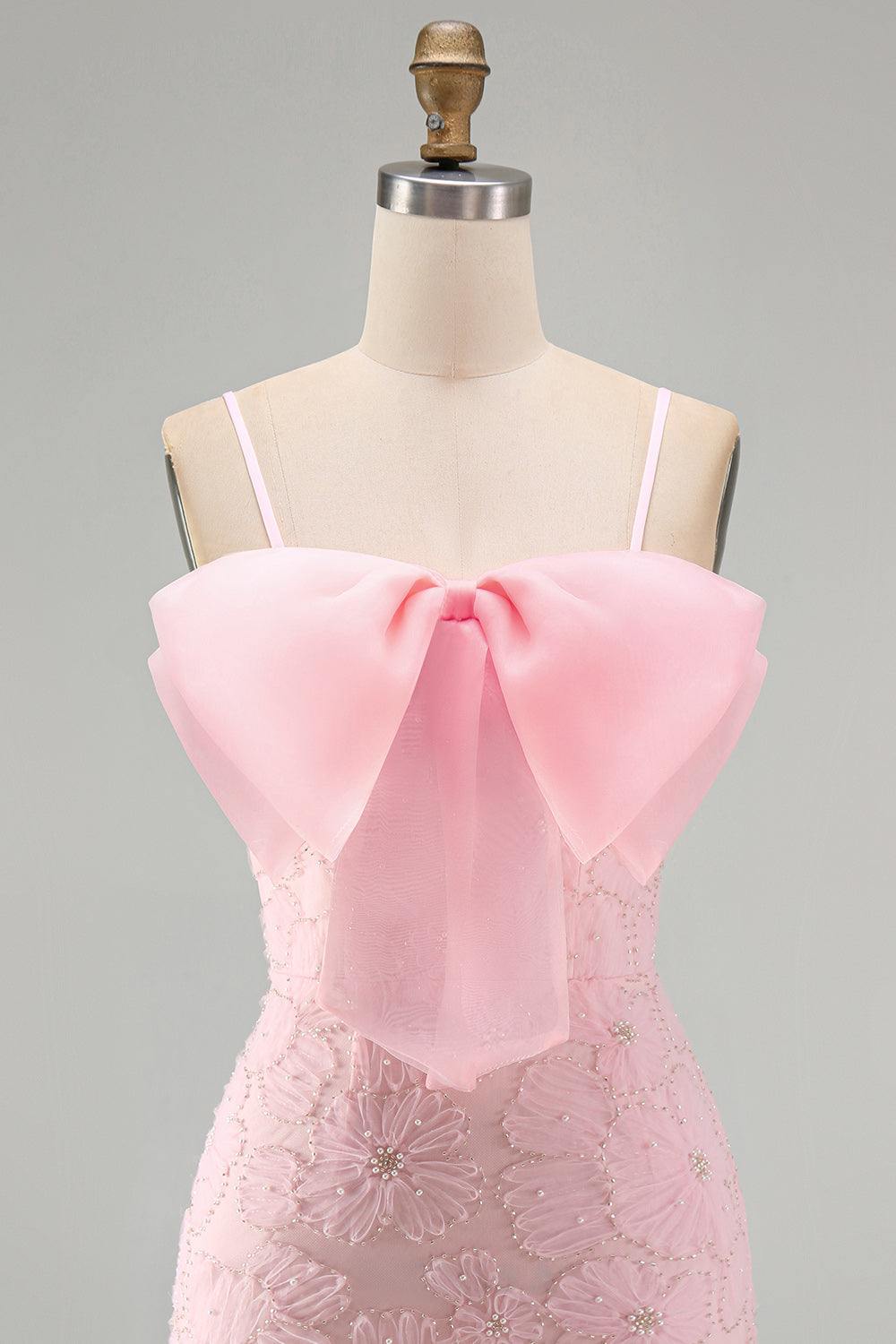 Pink Bodycon Spaghetti Straps Beaded Floral Homecoming Dress with Bow