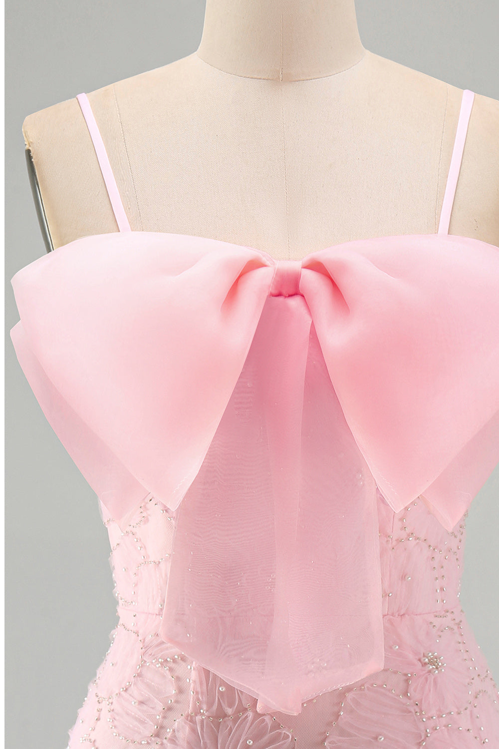 Pink Bodycon Spaghetti Straps Beaded Floral Homecoming Dress with Bow