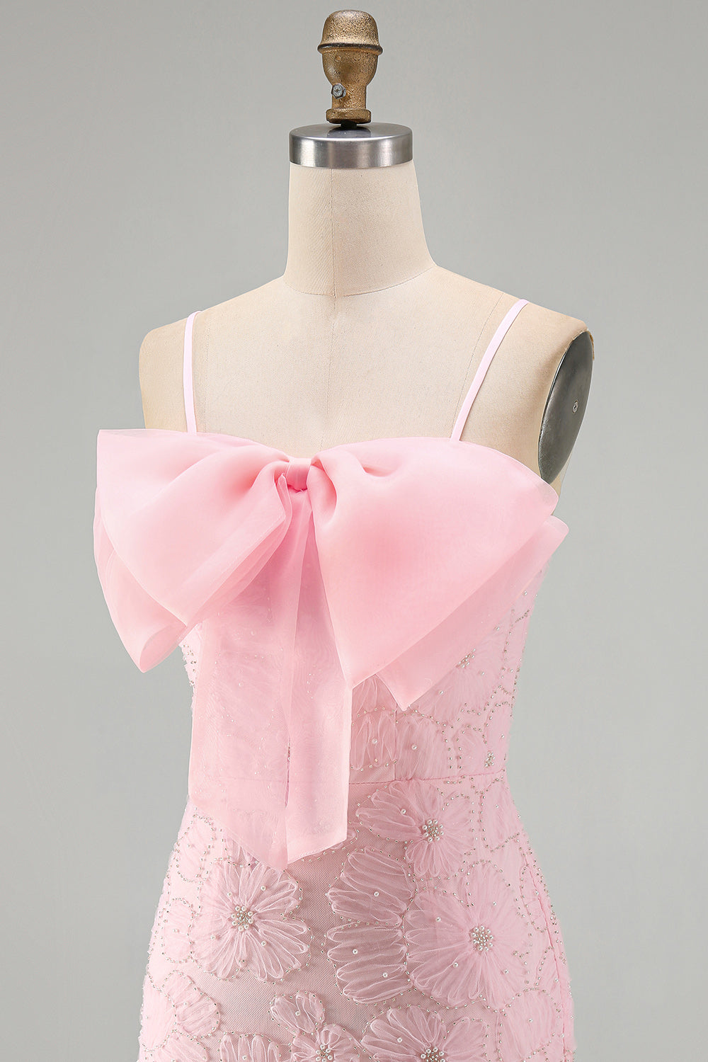 Pink Bodycon Spaghetti Straps Beaded Floral Homecoming Dress with Bow