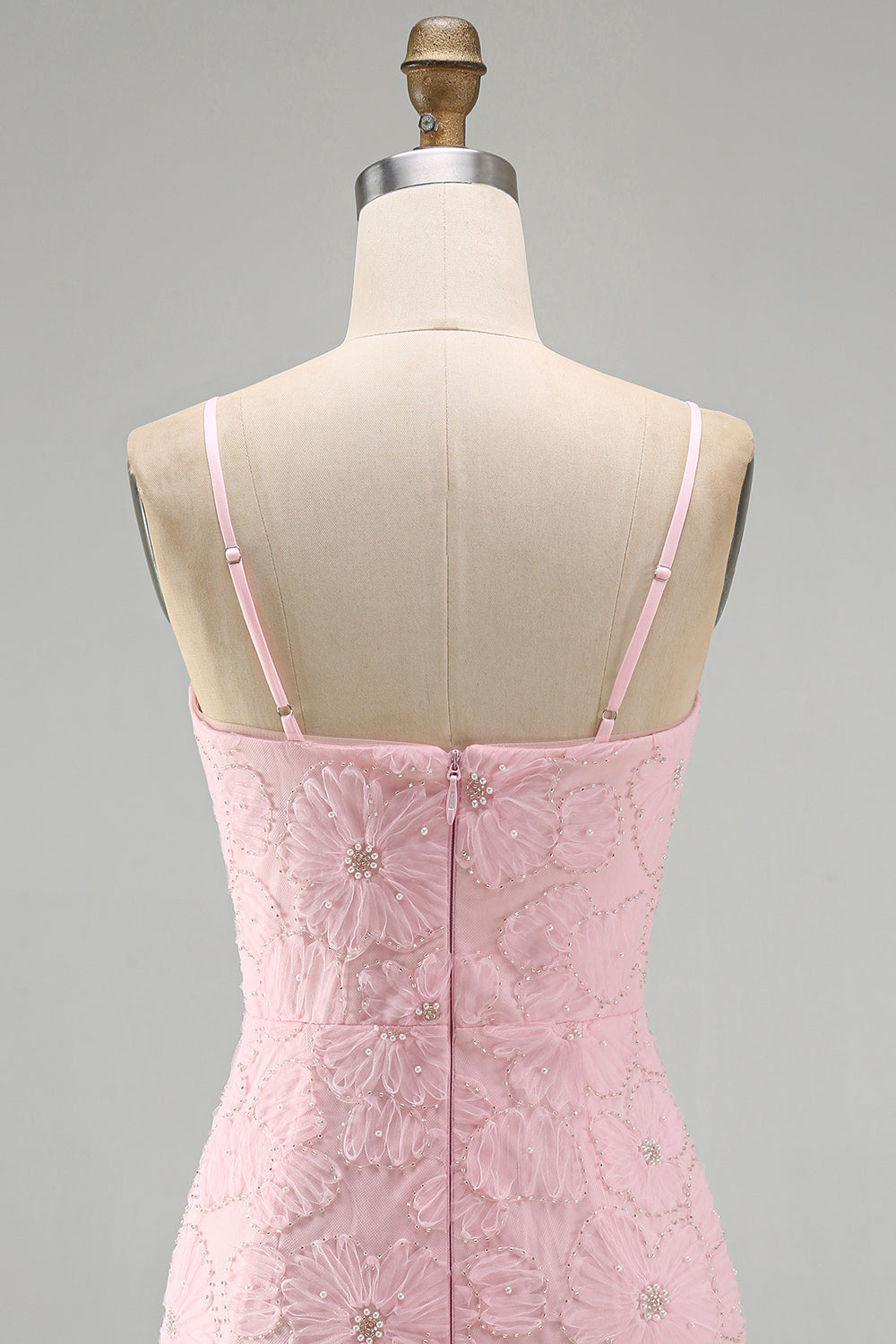 Pink Bodycon Spaghetti Straps Beaded Floral Homecoming Dress with Bow