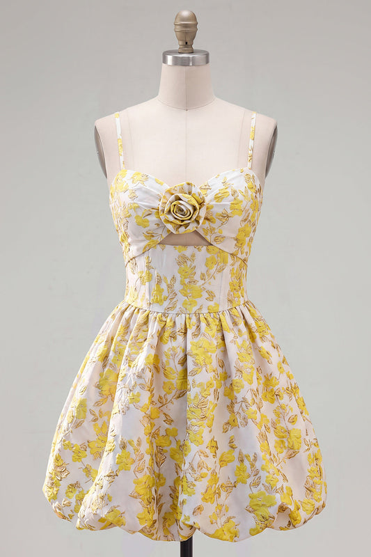 Yellow A-Line Spaghetti Straps Floral Homecoming Dress