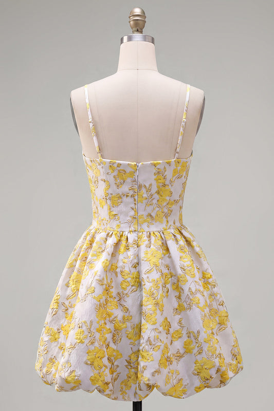 Yellow A-Line Spaghetti Straps Floral Homecoming Dress