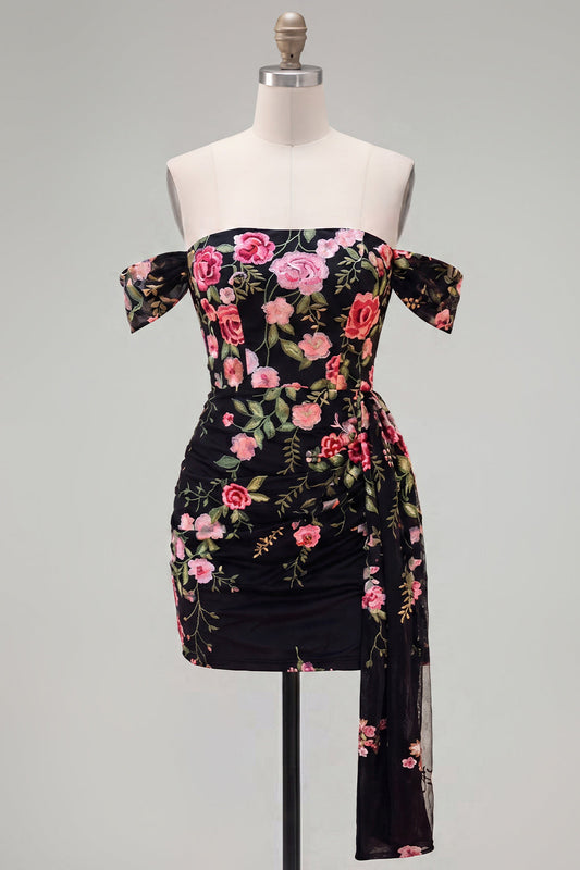 Robe de soirée moulante fleurie noire à épaules dénudées avec ceinture