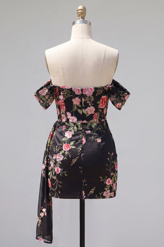 Robe de soirée moulante fleurie noire à épaules dénudées avec ceinture