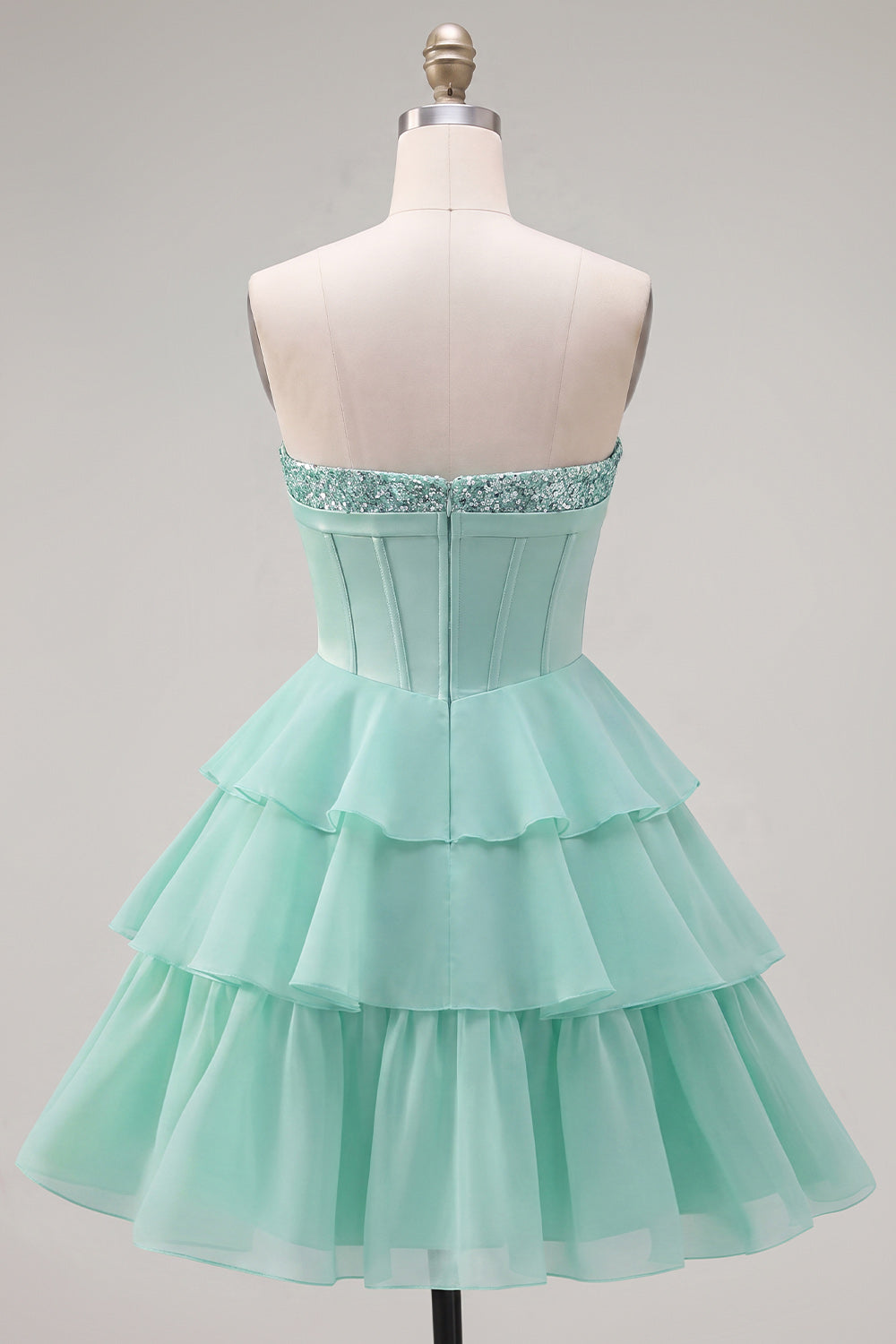 Robe de bal bustier cœur évasée en mousseline de soie à volants couleur menthe