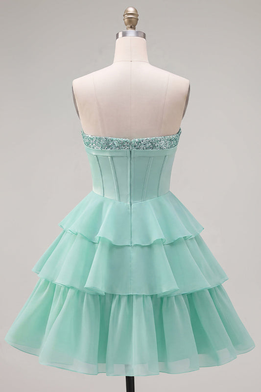Robe de bal bustier cœur évasée en mousseline de soie à volants couleur menthe