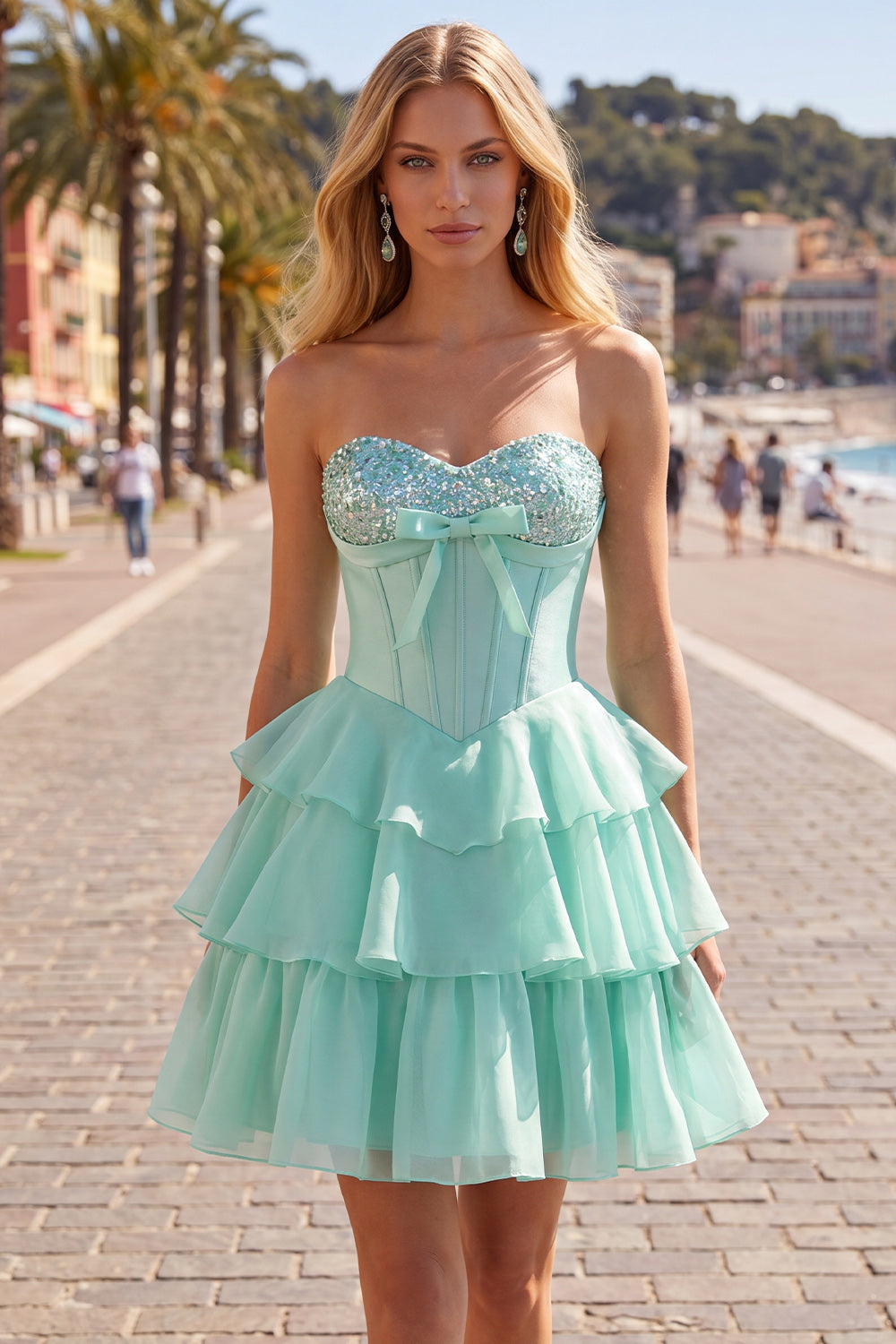 Robe de bal bustier cœur évasée en mousseline de soie à volants couleur menthe