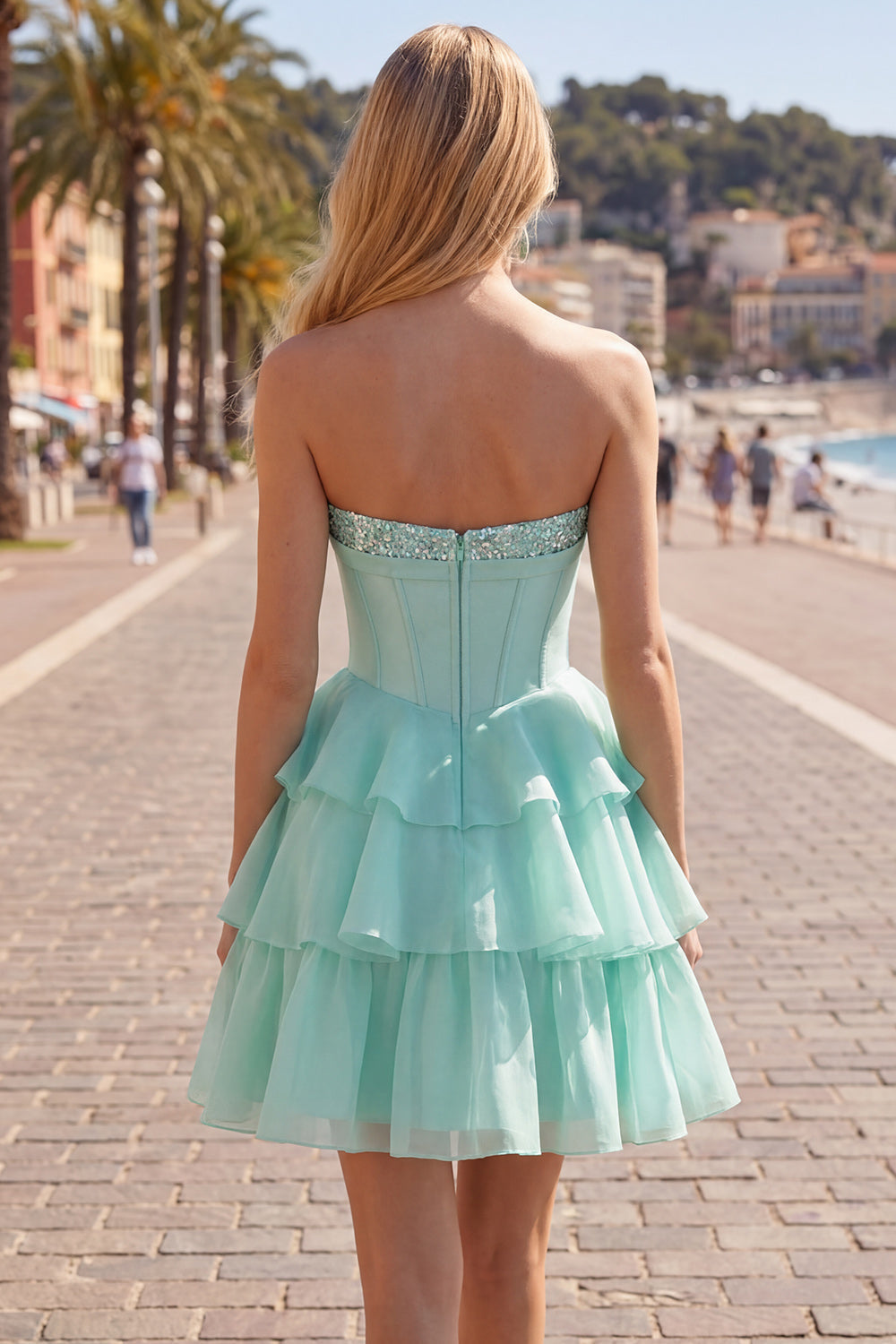 Robe de bal bustier cœur évasée en mousseline de soie à volants couleur menthe
