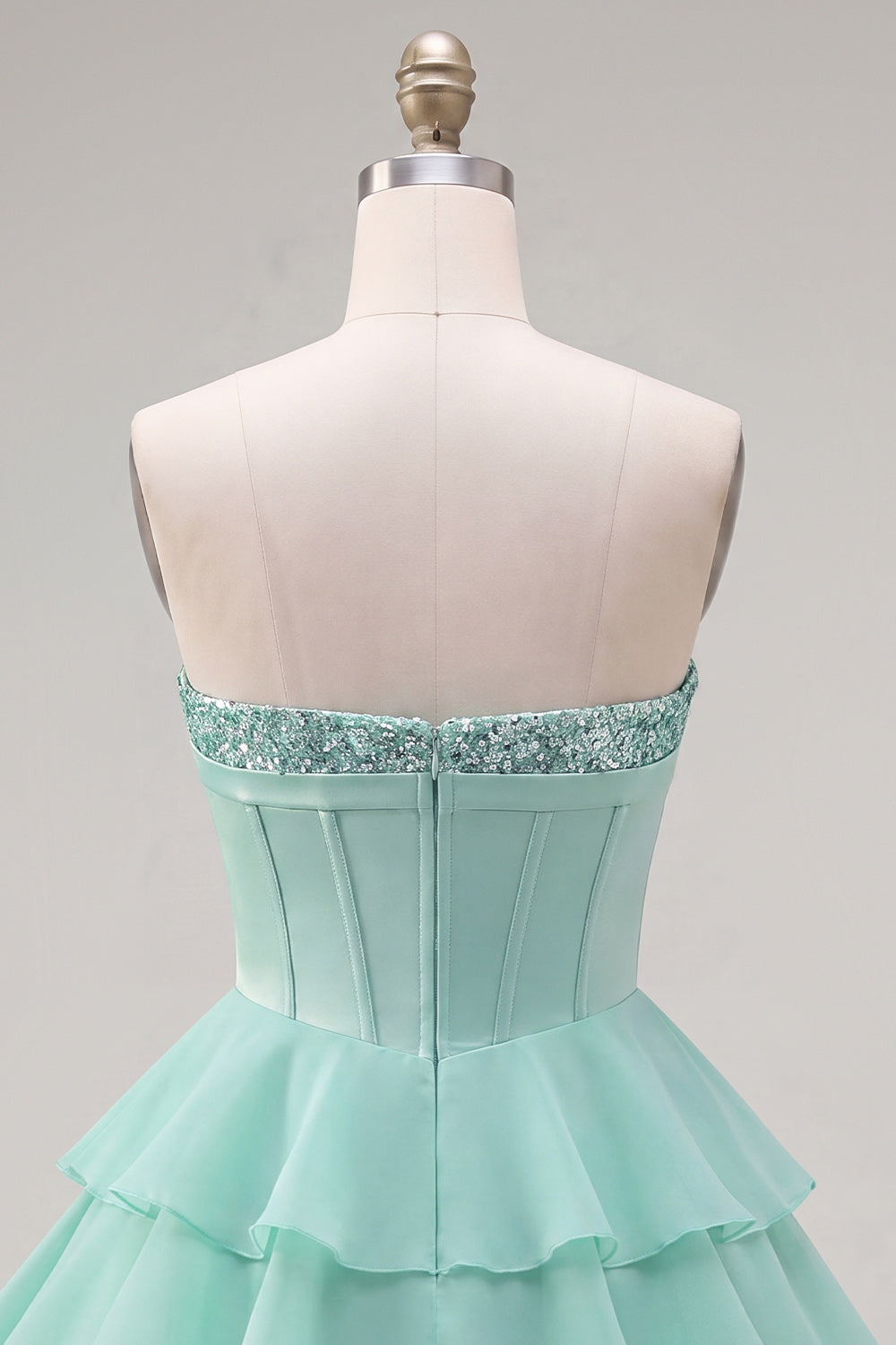 Robe de bal bustier cœur évasée en mousseline de soie à volants couleur menthe