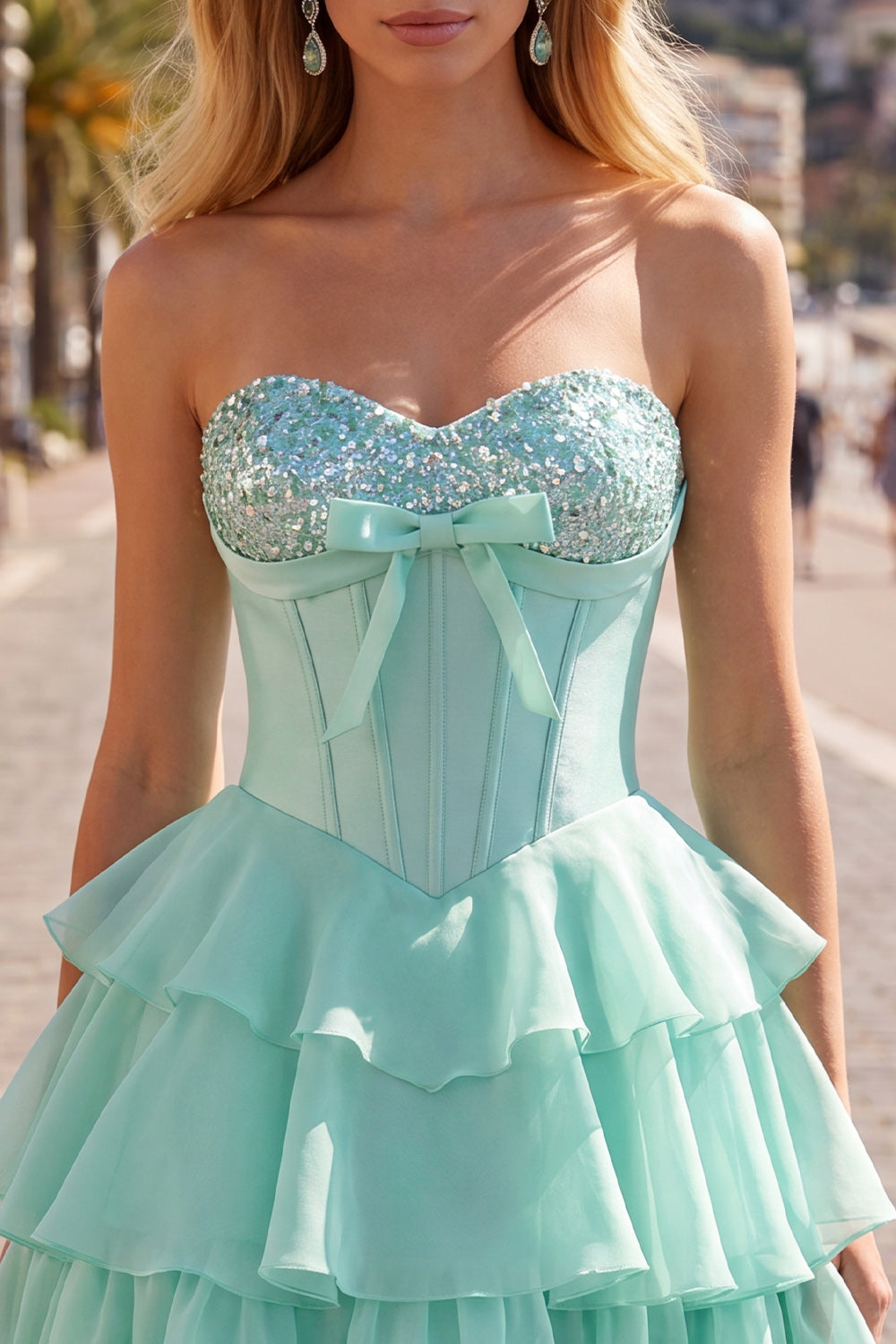 Robe de bal bustier cœur évasée en mousseline de soie à volants couleur menthe