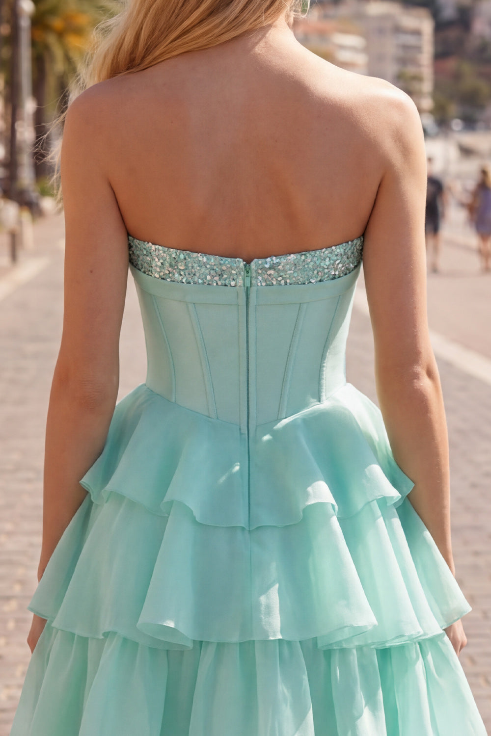 Robe de bal bustier cœur évasée en mousseline de soie à volants couleur menthe