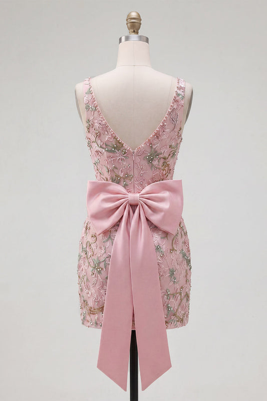 Pink V-Neck Bodycon Floral Homecoming Dress with Slit
