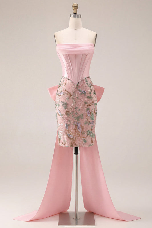 Pink Bodycon Floral Strapless Corset Homecoming Dress with Bow