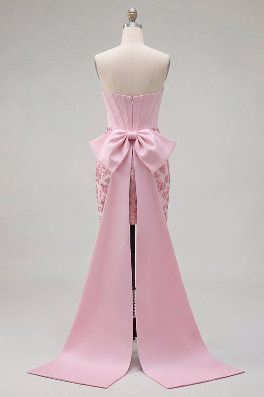 Pink Bodycon Floral Strapless Corset Homecoming Dress with Bow