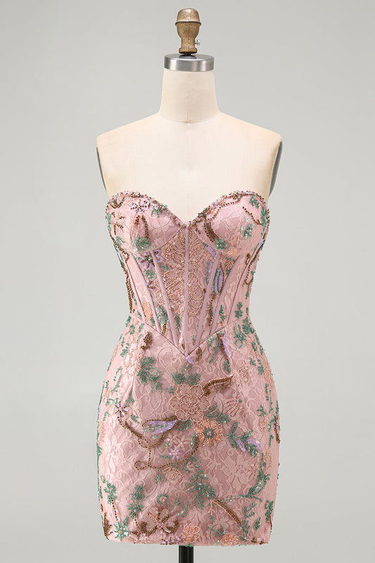 Pink Bodycon Sweetheart Floral Corset Homecoming Dress with Beading