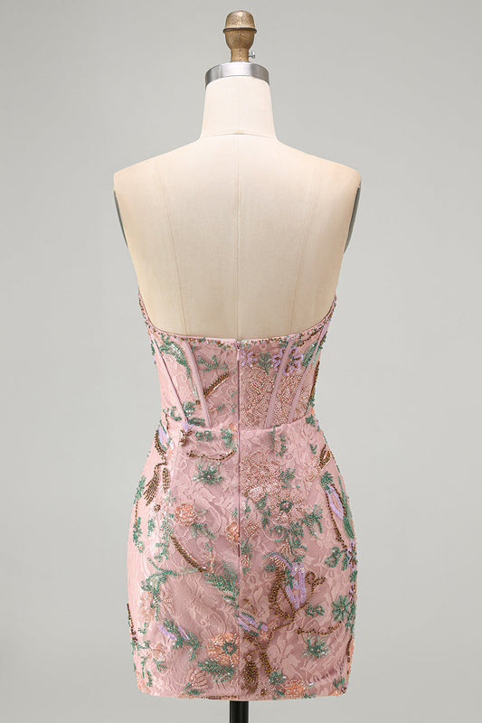 Pink Bodycon Sweetheart Floral Corset Homecoming Dress with Beading