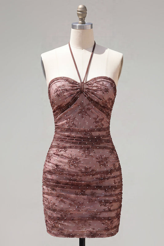 Chocolate Bodycon Halter Neck Ruched Homecoming Dress with Beading