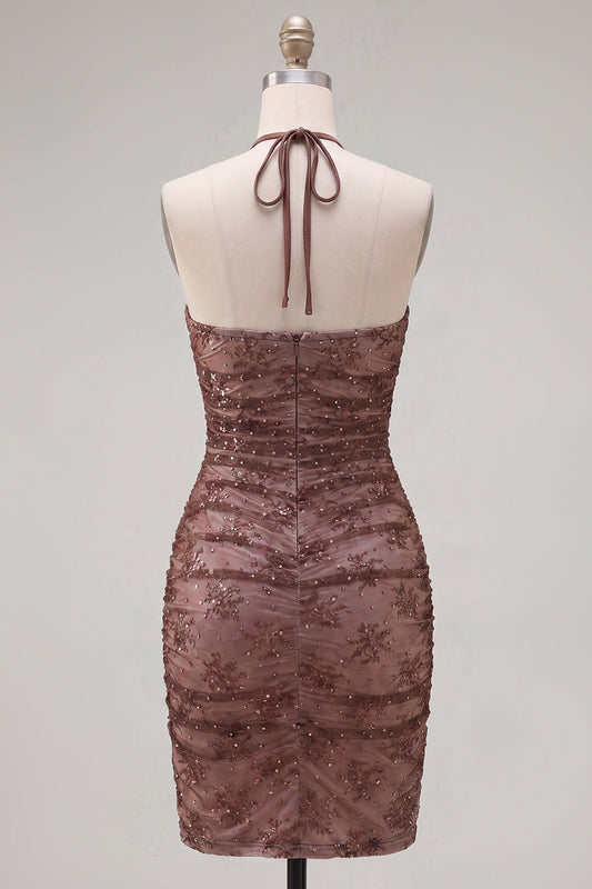 Chocolate Bodycon Halter Neck Ruched Homecoming Dress with Beading