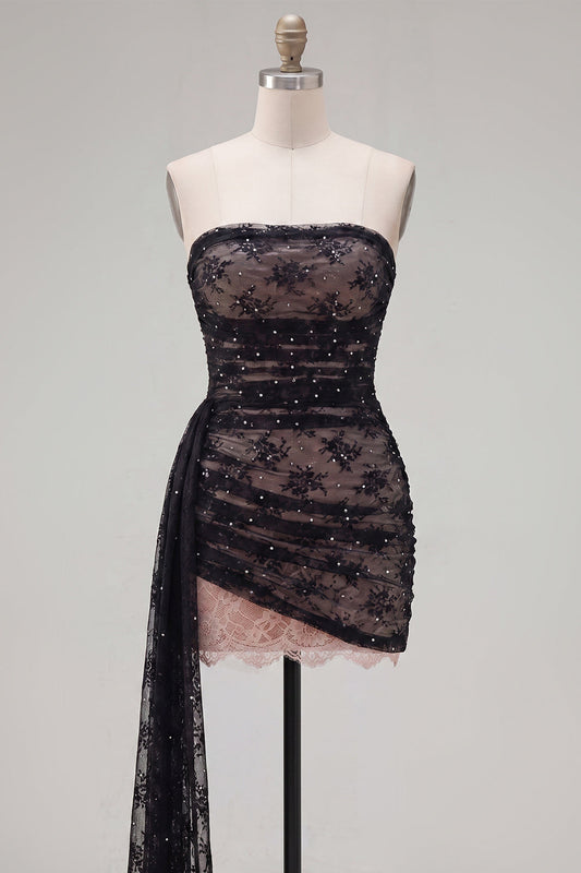 Black Strapless Bodycon Ruched Beaded Homecoming Dress with Sash
