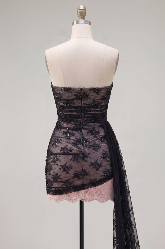 Black Strapless Bodycon Ruched Beaded Homecoming Dress with Sash