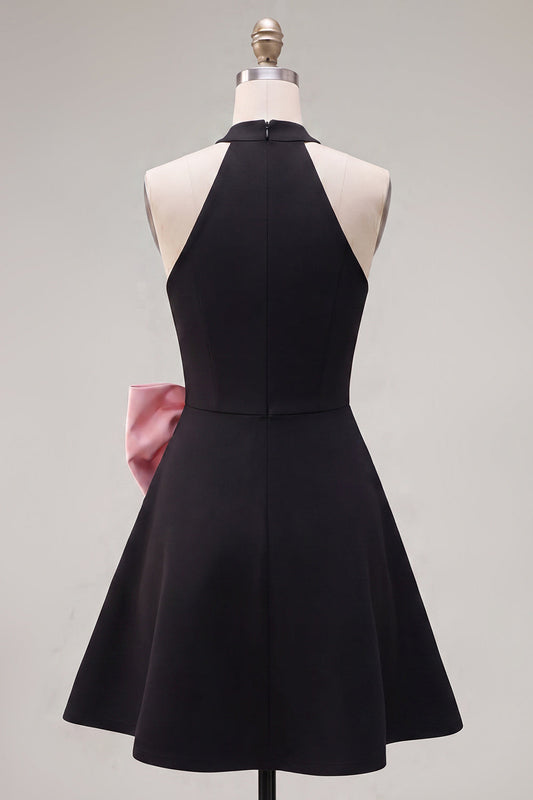 Black Pink A-Line Halter Neck Short Homecoming Dress with Large Bow
