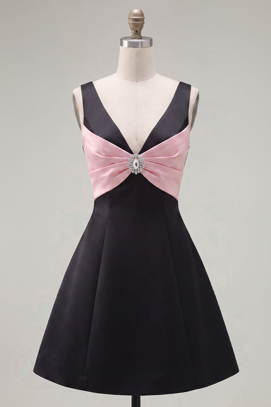 Black Pink A-Line V-Neck Short Homecoming Dress with Rhinestones