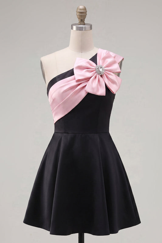 Black Pink A-Line One Shoulder Short Homecoming Dress with 3D Flower