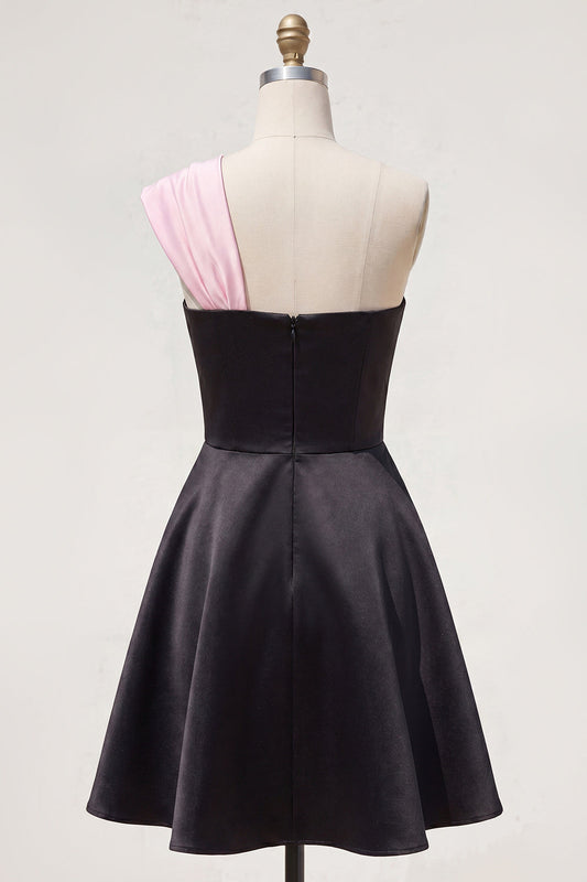 Black Pink A-Line One Shoulder Short Homecoming Dress with 3D Flower