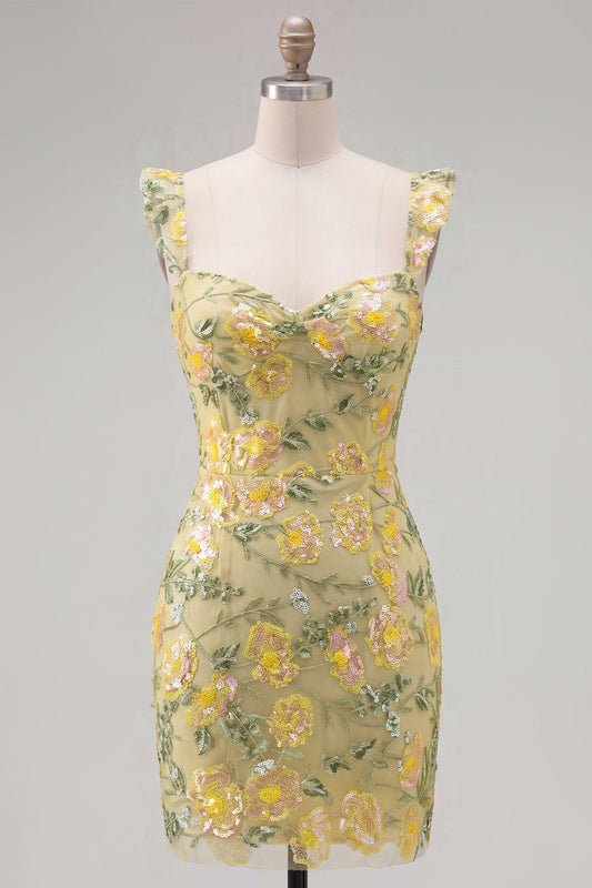 Yellow Floral Sequin Embroidered Sweetheart Bodycon Homecoming Dress