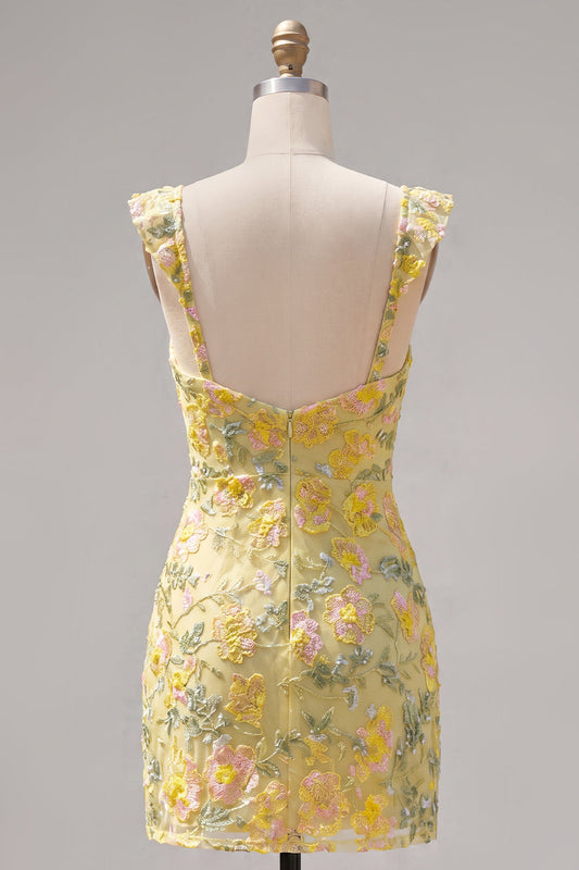 Yellow Floral Sequin Embroidered Sweetheart Bodycon Homecoming Dress