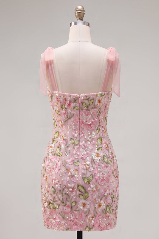 Romantic Pink Sequin Floral Embroidered Homecoming Dress with Bow Straps