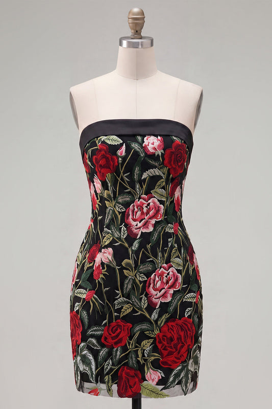 Strapless Red Rose Embroidered Black Bodycon Homecoming Dress