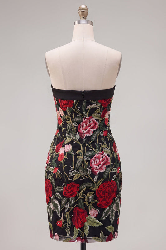 Strapless Red Rose Embroidered Black Bodycon Homecoming Dress