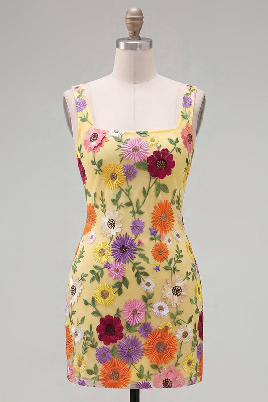 Yellow Square Neck Bodycon Floral Homecoming Dress with Embroidery