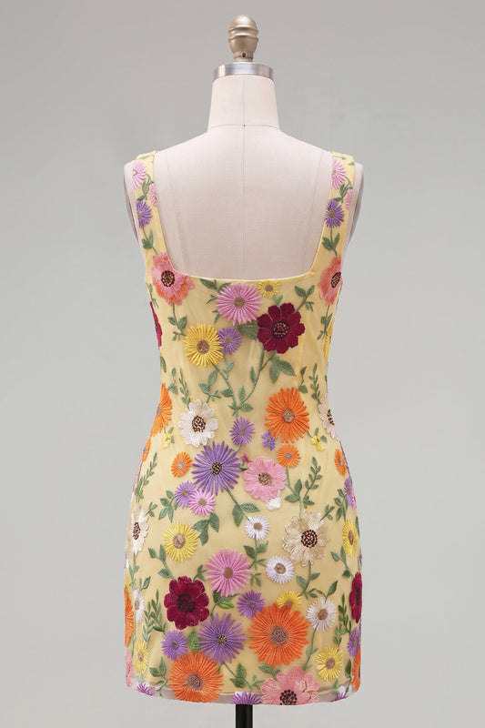 Yellow Square Neck Bodycon Floral Homecoming Dress with Embroidery